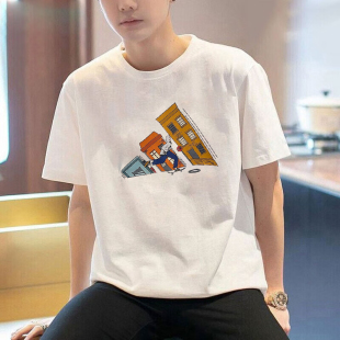 休闲简约纯棉短袖 阿迪达斯白色T恤男装 印花宽松篮球半袖 新款 夏季