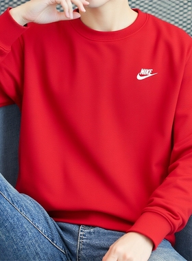 Nike耐克冬季新款卫衣男子红色上衣正品针织套头衫宽松外套运动服