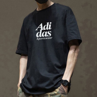 字母半袖 阿迪达斯纯棉短袖 新款 夏季 圆领运动复古透气简约T恤 男装
