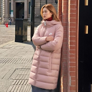 Nike耐克冬季新款中长款羽绒服粉色厚款棉服女连帽保暖运动外套潮
