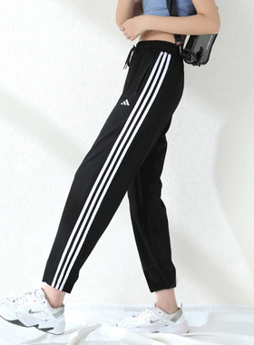 阿迪达斯裤子女夏新款薄款梭织运动裤直筒透气长裤条纹女裤HZ5646