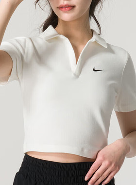 Nike耐克2026年新款女子翻领短袖T恤白色修身运动休闲上衣夏季