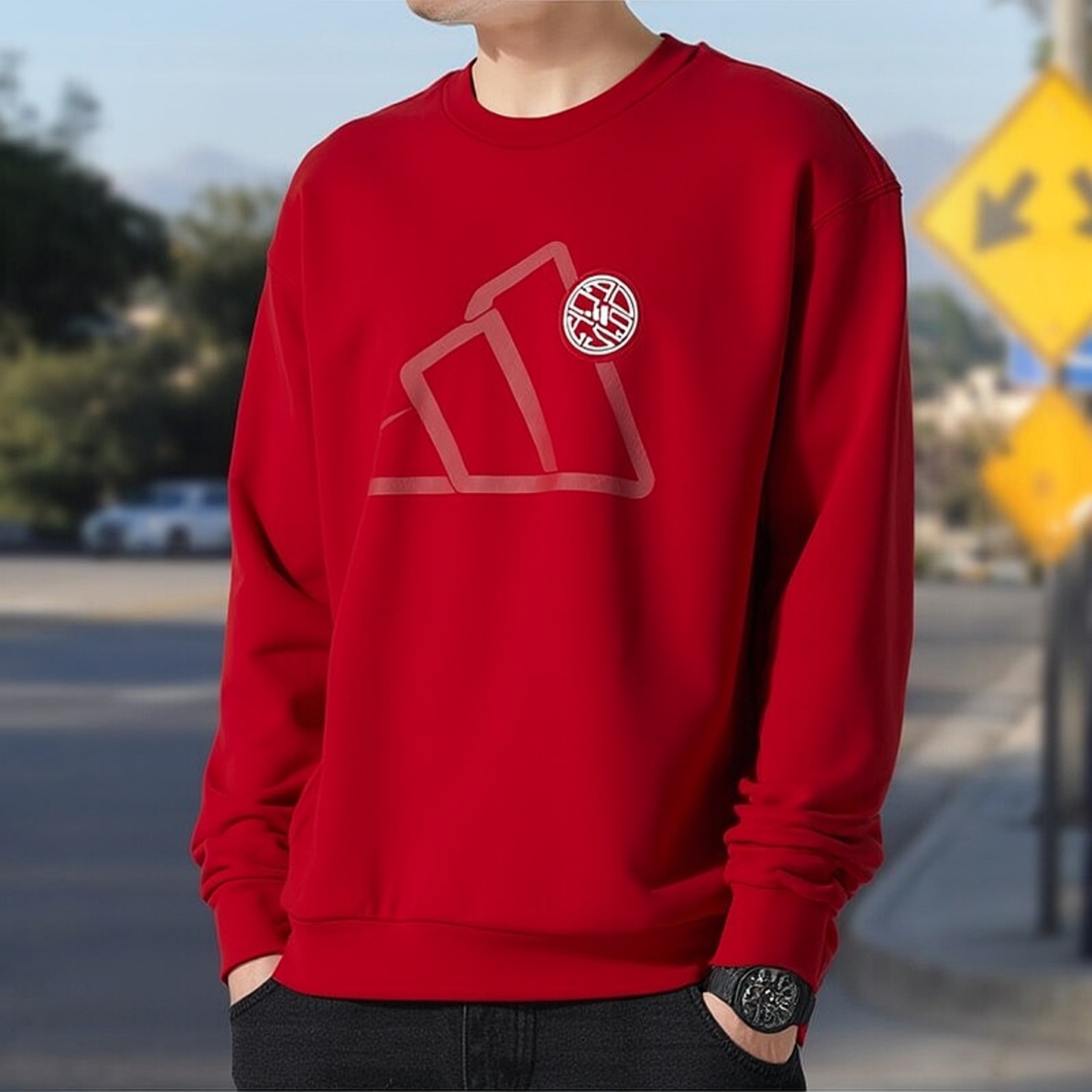 阿迪达斯红色卫衣男秋季新款圆领新年款宽松纯棉打底篮球保暖上衣