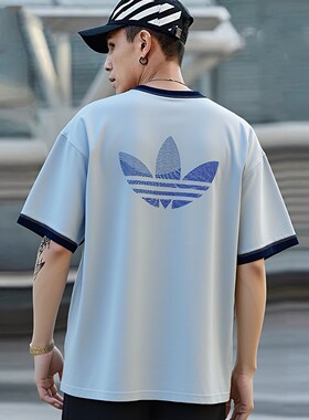 三叶草蓝色短袖男t恤夏新款adidas棉宽松大logo美式复古篮球半袖