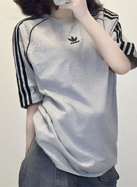 Adidas阿迪达斯短袖女夏季新款三叶草复古条纹美式灰色T恤IR9455