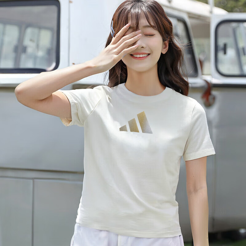 阿迪达斯棉t恤女短袖夏季新款修身薄款打底衫运动服纯色显瘦上衣