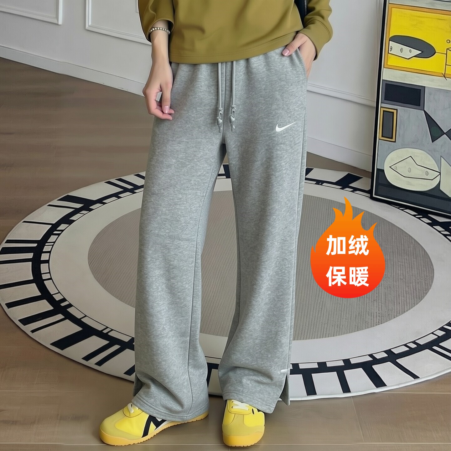 Nike耐克裤子浅灰色加绒长裤针织宽松直筒裤新款保暖女裤棉运动裤
