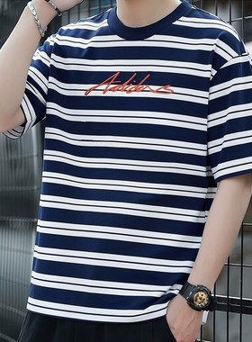 adidas/阿迪达斯条纹t男夏季新款美式棉篮球宽松大码复古休闲短袖