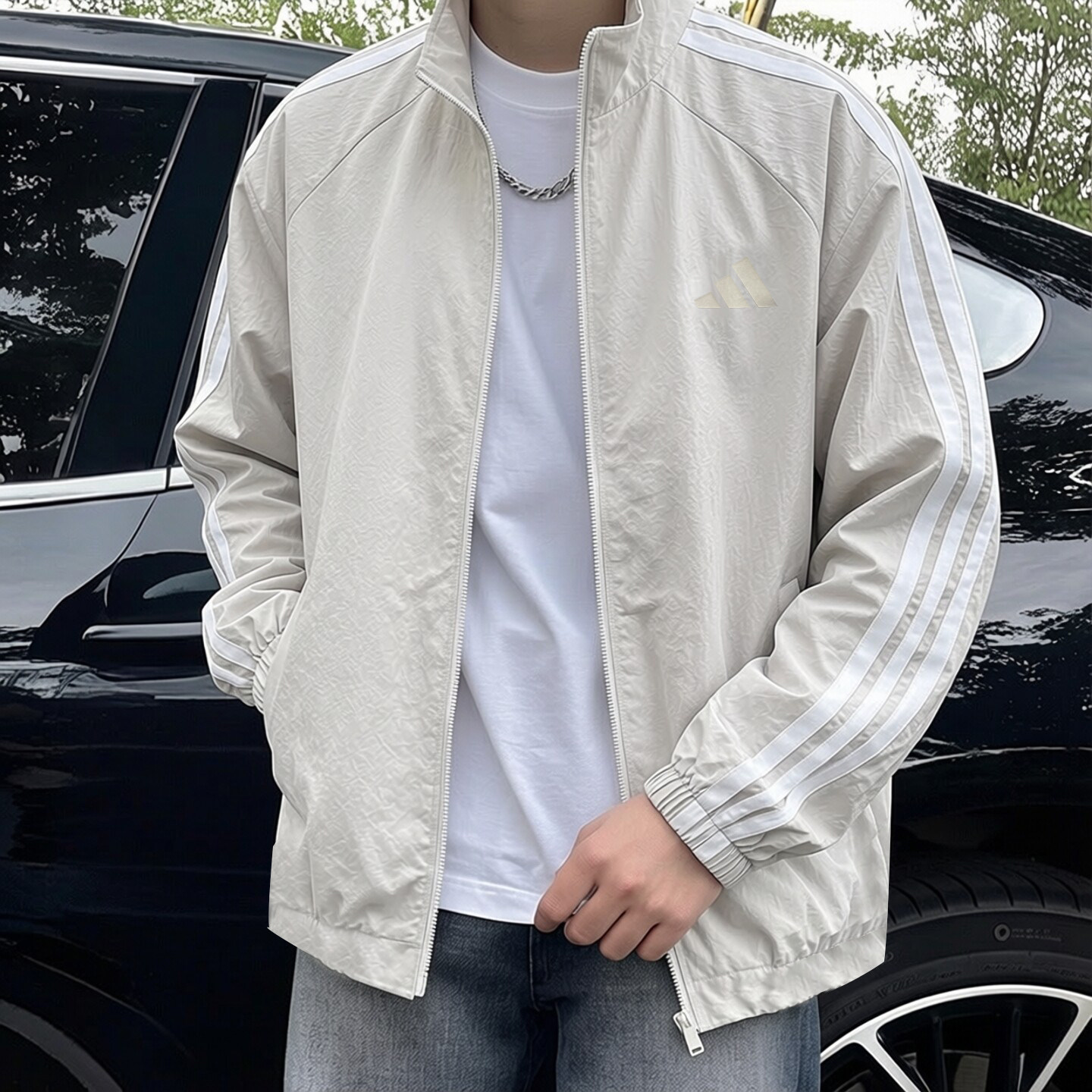 阿迪达斯梭织棒球服男外套秋季新款立领三条纹复古美式透气夹克男