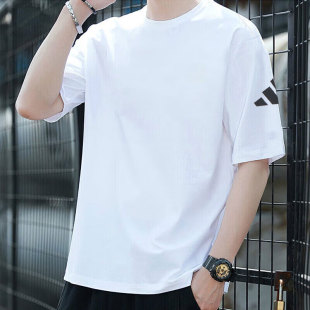 运动服简约半袖 阿迪达斯白色短袖 新款 夏季 宽松休闲圆领T恤 男士