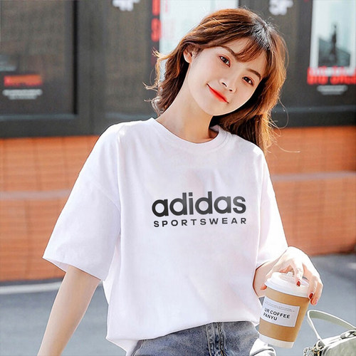 阿迪达斯白色短袖女夏季新款字母运动服半袖校园风上衣T恤JI9073