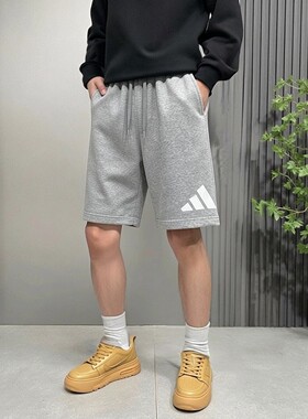 阿迪达斯灰色短裤男夏季新款针织大logo宽松篮球美式棉质五分裤