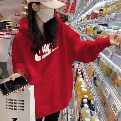 耐克红色美式外套宽松休闲女卫衣