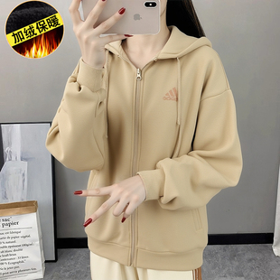 阿迪达斯外套女士连帽开衫卫衣加绒加厚运动服上衣休闲宽松针织