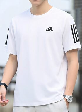 阿迪达斯速干冰丝短袖男夏季款白色健身跑步训练羽毛球服运动T恤