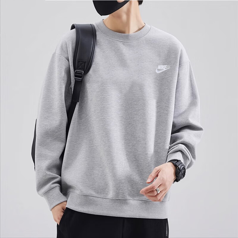 Nike耐克灰色加绒卫衣男装保暖休闲上衣正品圆领套头衫宽松运动服