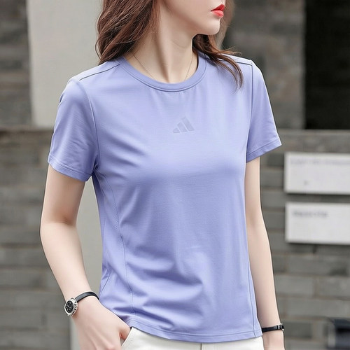 阿迪达斯紫色短袖女夏季新款透气速干运动服冰丝健身瑜伽吸汗T恤