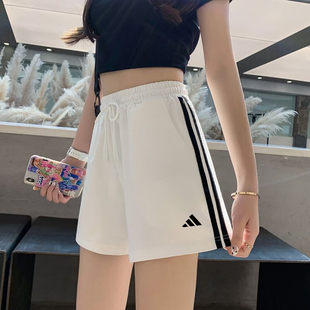 阿迪达斯三条杠运动短裤女白色夏季薄款高腰宽松休闲阔腿五分裤子
