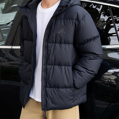 阿迪达斯黑色羽绒服男冬季新款防寒加厚外套美式宽松连帽面包服