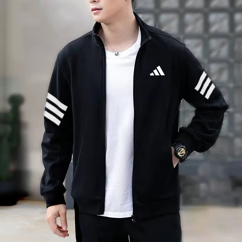 阿迪达斯外套男春季新款立领长袖宽松针织上衣黑色夹克运动服