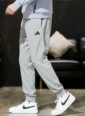 阿迪达斯裤子男秋季新款透气宽松长裤跑步篮球休闲卫裤灰色运动裤