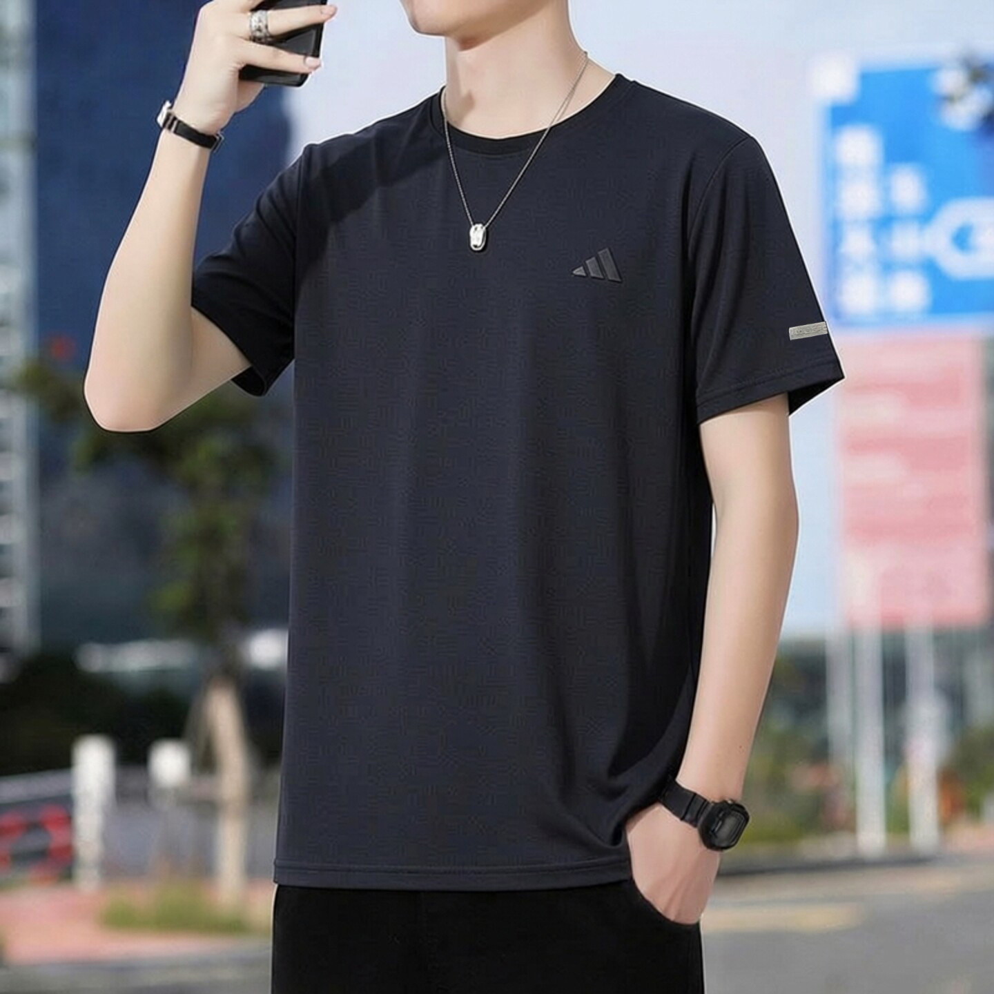adidas速干短袖男夏季新款透气冰丝黑色宽松健身圆领跑步运动T恤