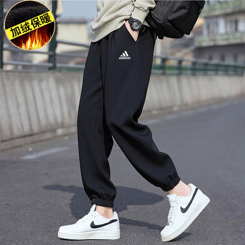 阿迪达斯秋冬季宽松束脚卫裤男针织加绒休闲裤重磅大码运动裤子