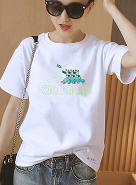 阿迪达斯短袖女夏新款白色休闲熊猫印花半袖运动纯棉T恤女IP3935