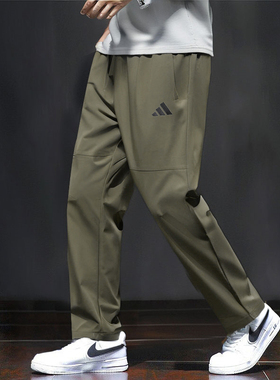阿迪达斯绿色裤子男裤夏季新款薄款运动裤梭织速干直筒小脚九分裤