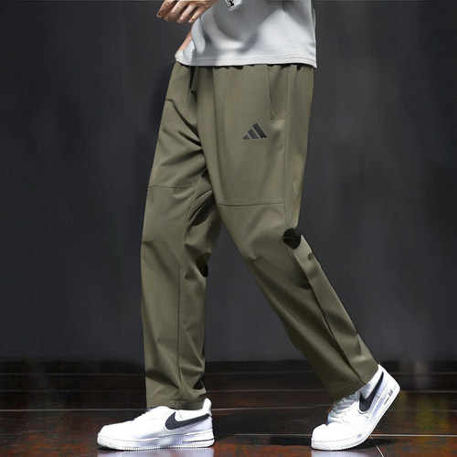 阿迪达斯绿色裤子男裤夏季新款薄款运动裤梭织速干直筒小脚九分裤