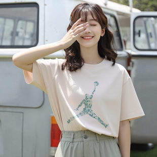 JORDAN乔丹飞人大标短袖纯棉女士T恤AJ运动装夏季新款上衣五分袖