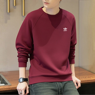 阿迪达斯三叶草卫衣男新款宽松美式打底衫酒红上衣复古外套套头衫