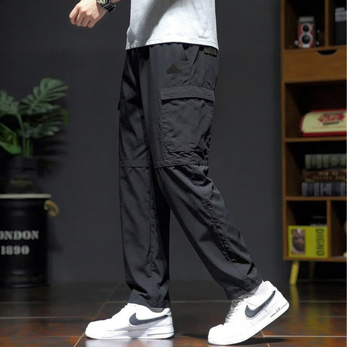 阿迪达斯休闲工装裤男裤直筒多口袋运动裤薄款锦纶透气宽松长裤