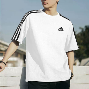 校园风半袖 阿迪达斯短袖 三条杠复古美式 新款 白色体恤男T恤 男夏季