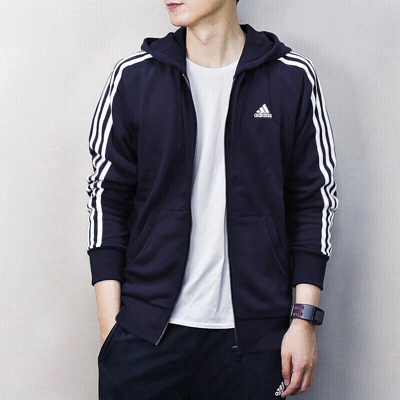 阿迪达斯针织外套男正品春季新款男子三条纹蓝色运动夹克GK9032