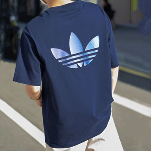 男夏季 篮球大码 新款 美式 三叶草T恤 纯棉宽松半袖 阿迪达斯蓝色短袖