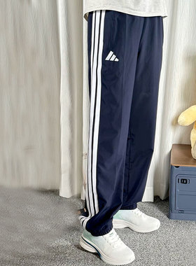 阿迪达斯蓝色裤子男夏季新款薄款长裤透气快干篮球束脚美式运动裤