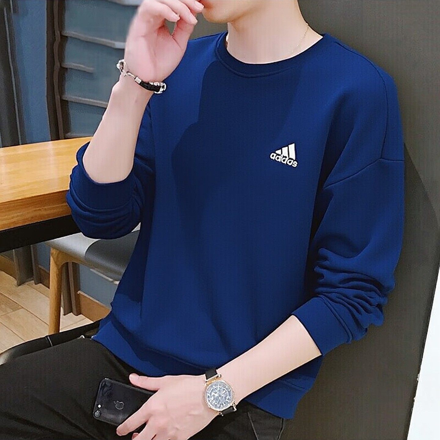 阿迪达斯卫衣男装春季新款圆领上衣蓝色打底衫外套大码纯棉运动服