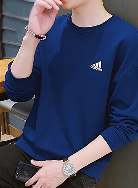 阿迪达斯卫衣男装春季新款圆领上衣蓝色打底衫外套大码纯棉运动服