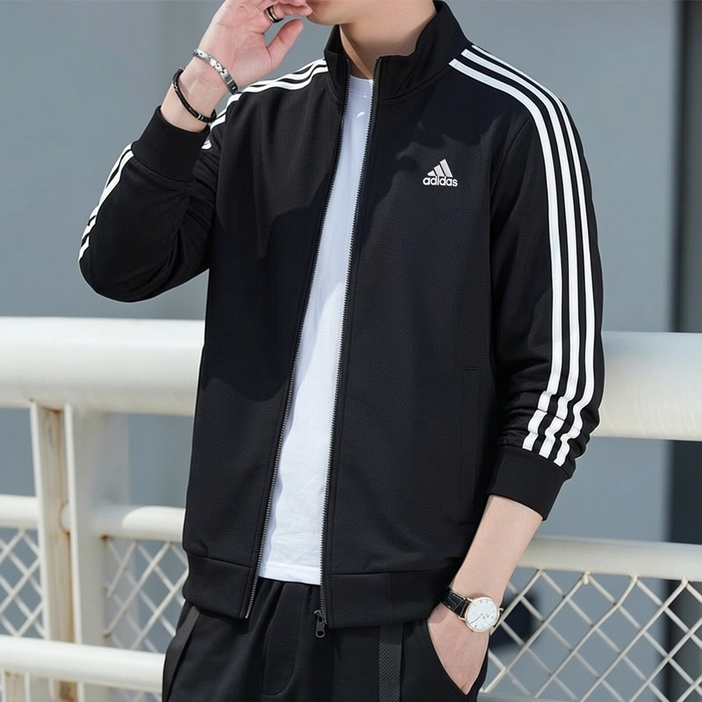 阿迪达斯立领外套男装新款透气三条杠防风针织上衣复古夹克H46099