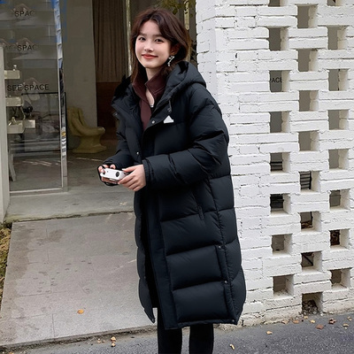 过膝长款羽绒服女冬季新款正品阿迪达斯黑色宽松美式加厚拒水外套