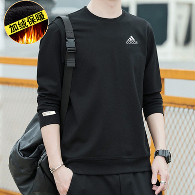阿迪达斯黑色休闲卫衣男款秋冬季圆领加绒加厚长袖打底套头衫外套