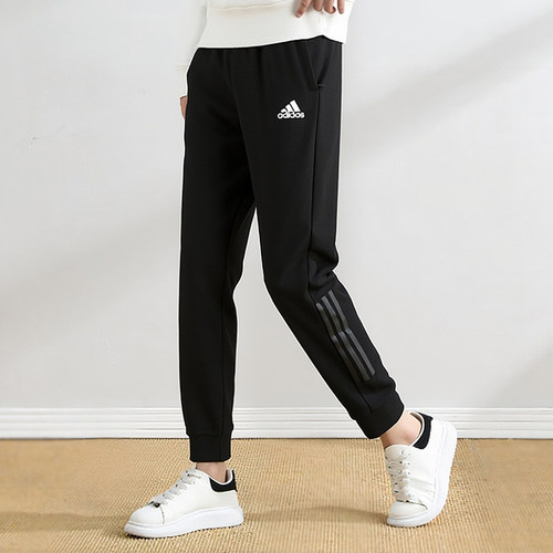 阿迪达斯运动长裤女针织加厚卫裤收口束脚女子三条纹九分裤