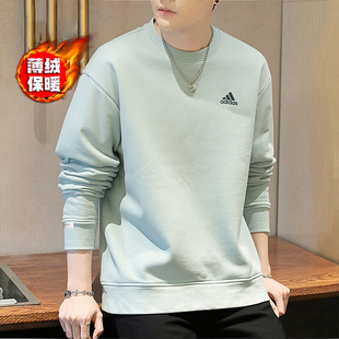 阿迪达斯加绒卫衣男冬季新款绿色宽松简约打底衫男士休闲外套上衣