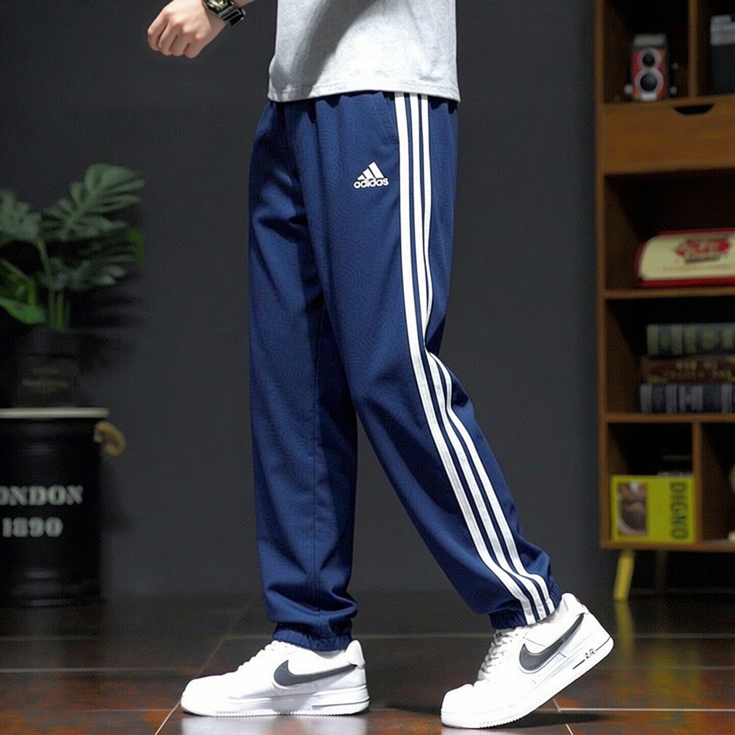 阿迪达斯薄款运动裤男裤子新款篮球梭织收口速干透气蓝色长裤男