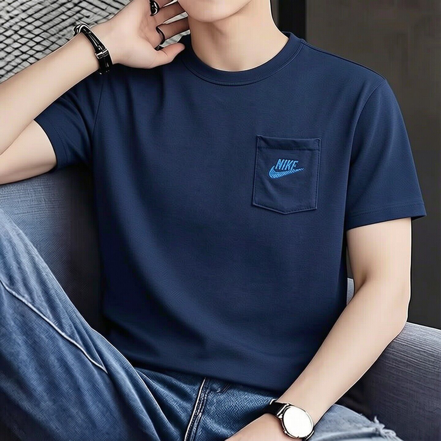 Nike耐克藏蓝色短袖正品纯棉T恤夏季新款休闲上衣男士刺绣运动装