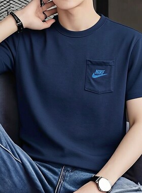 Nike耐克藏蓝色短袖正品纯棉T恤夏季新款休闲上衣男士刺绣运动装