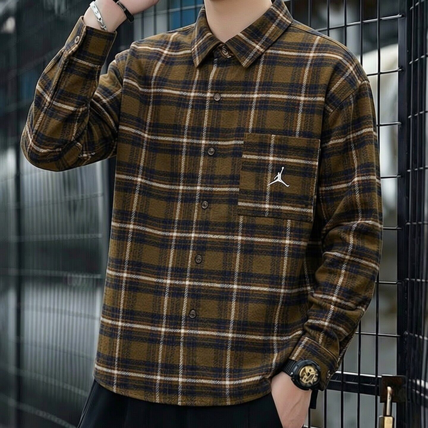 Jordan乔丹春季新款外套男子格子衬衫纯棉翻领长袖T恤AJ运动上衣