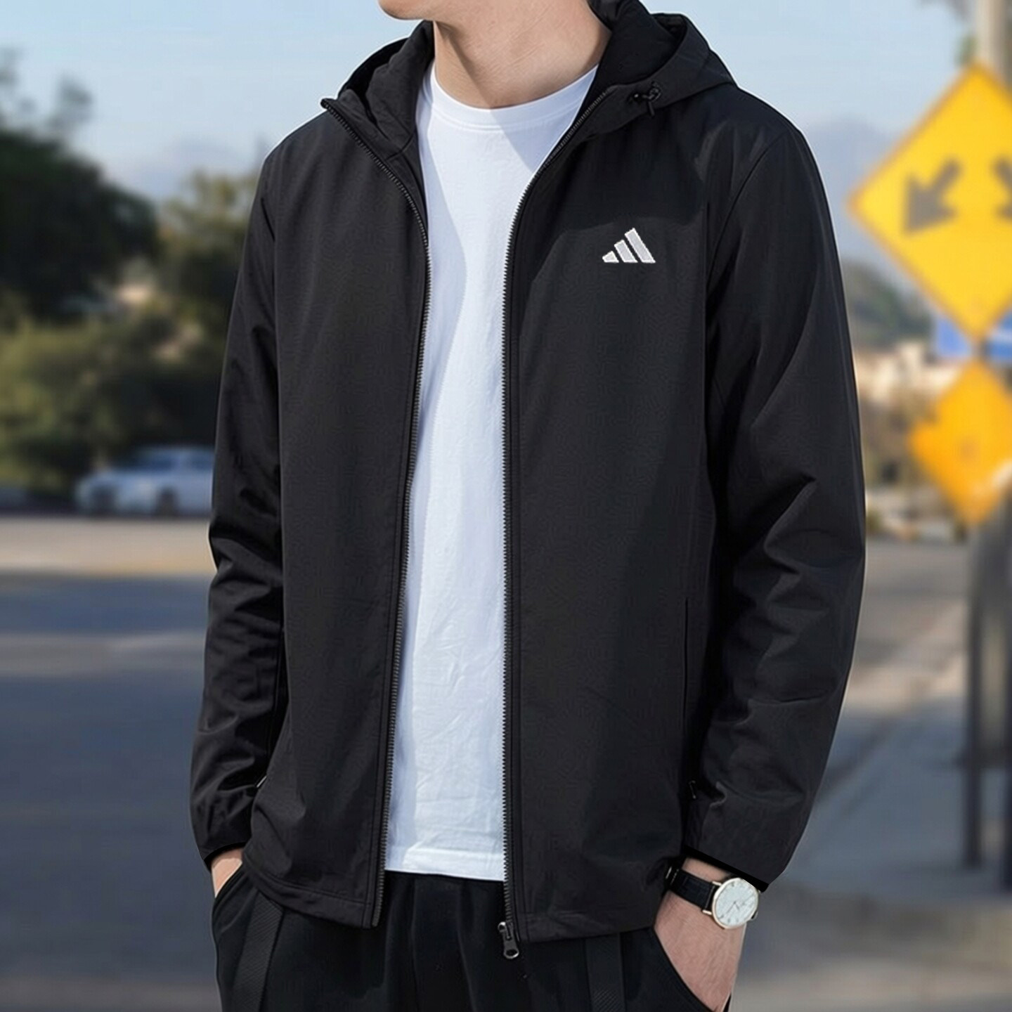 阿迪达斯连帽外套男春季新款梭织防风衣男士运动宽松透气休闲夹克