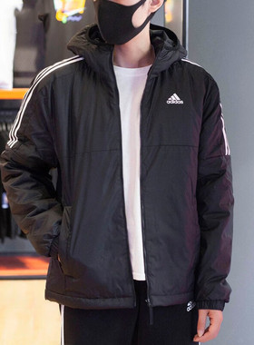 阿迪达斯棉服男冬季新款连帽加厚运动棉袄男士黑色保暖外套KF6755